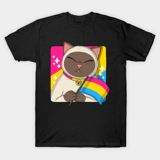 Cute Siamese Cat Holding Pansexual Pride Flag T-Shirt by Japanese Neko